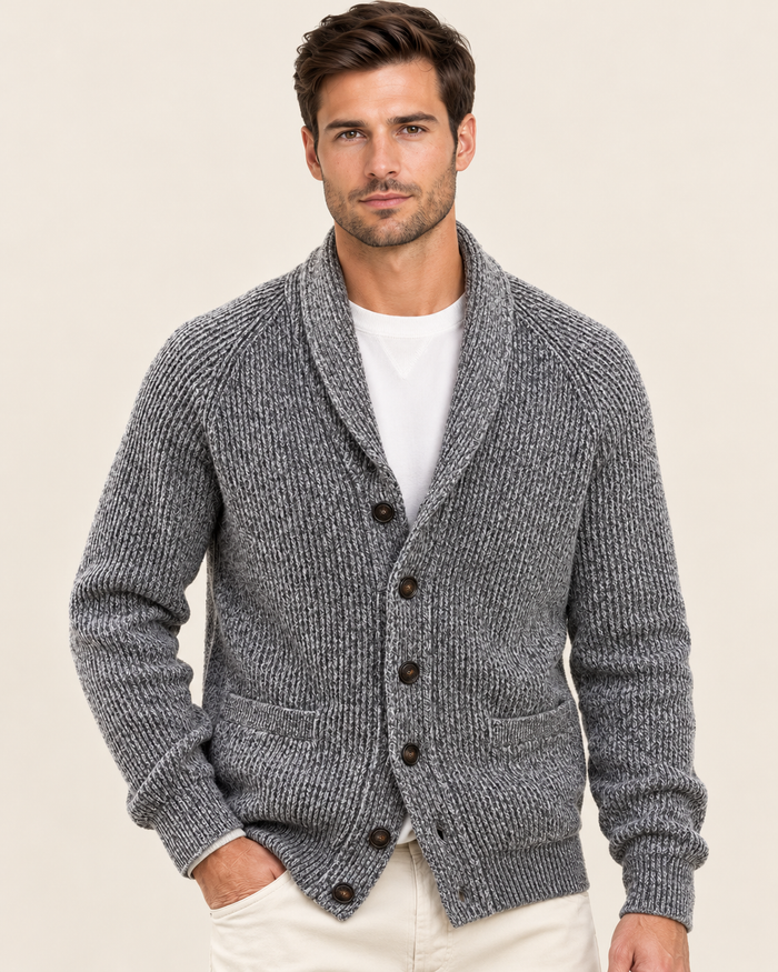 Men's Marled Rib Knit Shawl Collar Cardigan with Raglan Sleeves