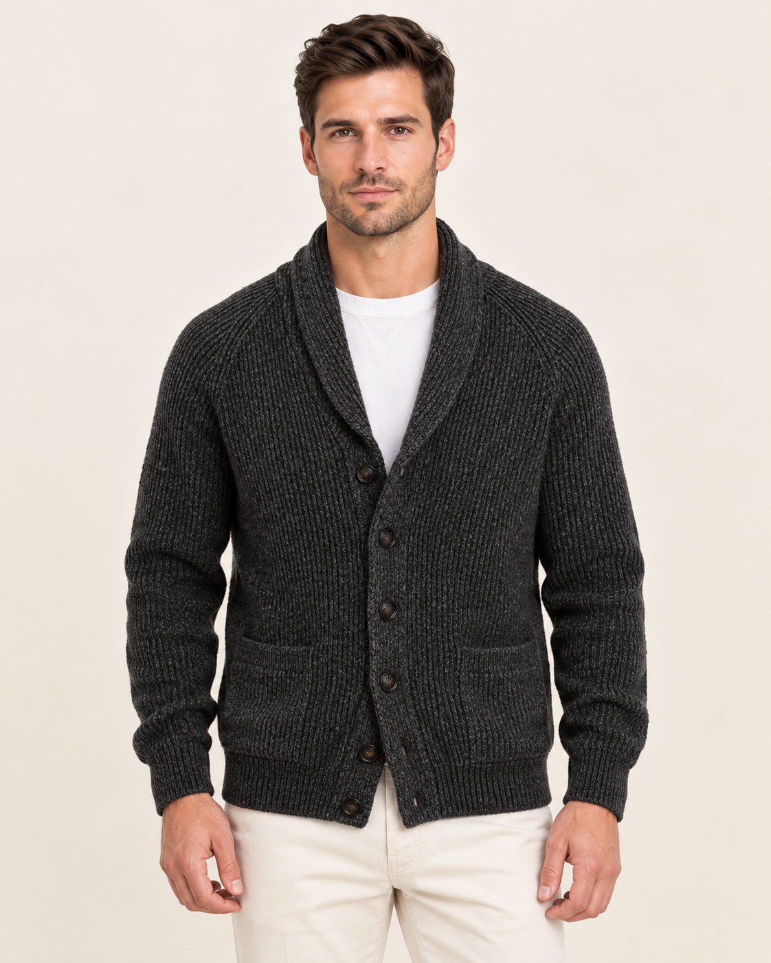 Men's Marled Rib Knit Shawl Collar Cardigan with Raglan Sleeves