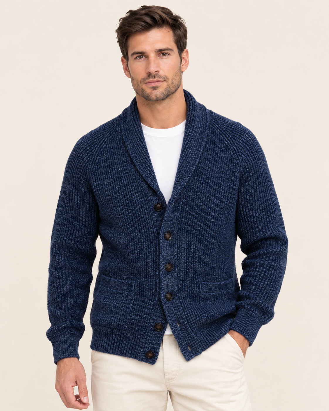 Men's Marled Rib Knit Shawl Collar Cardigan with Raglan Sleeves