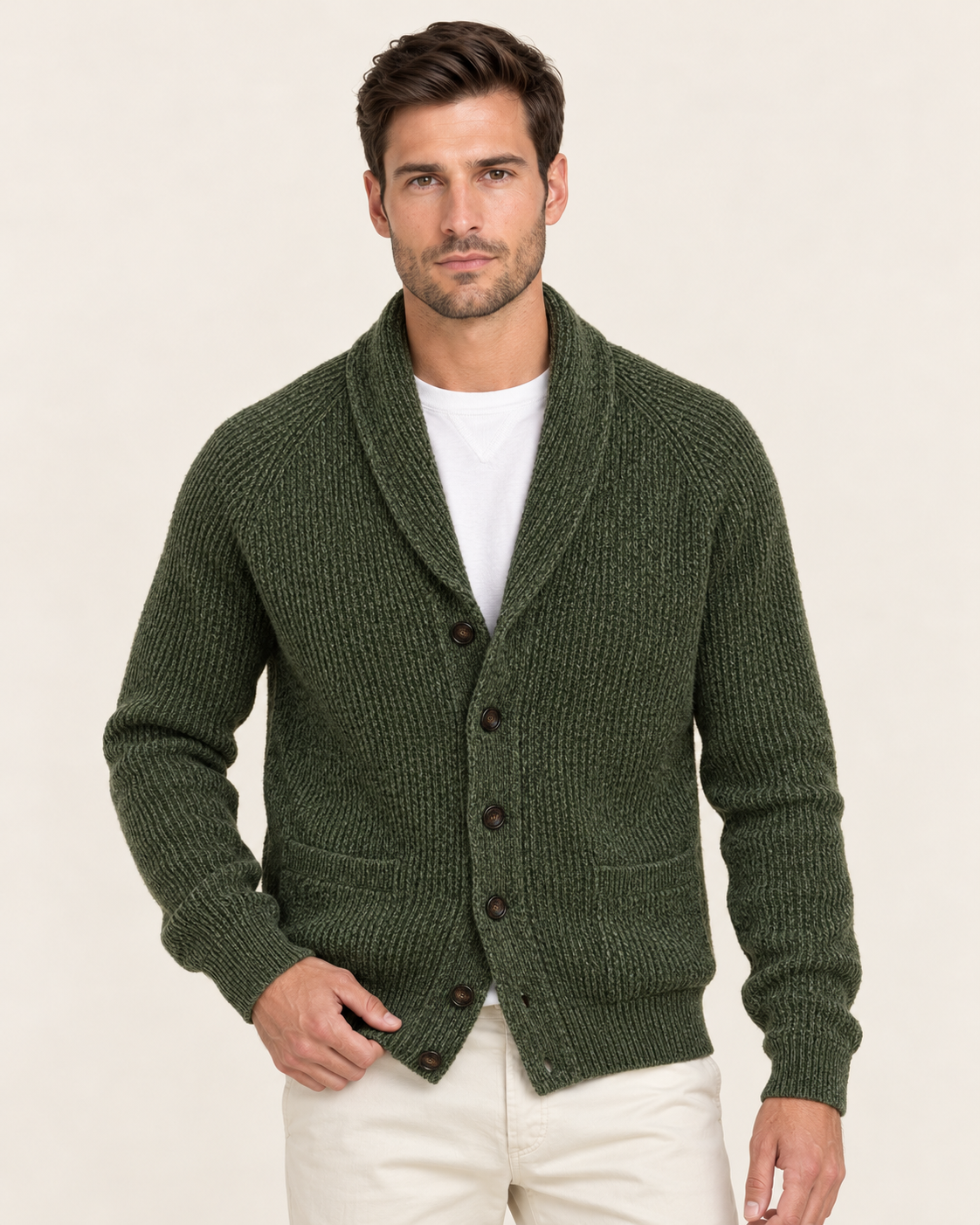 Men's Marled Rib Knit Shawl Collar Cardigan with Raglan Sleeves