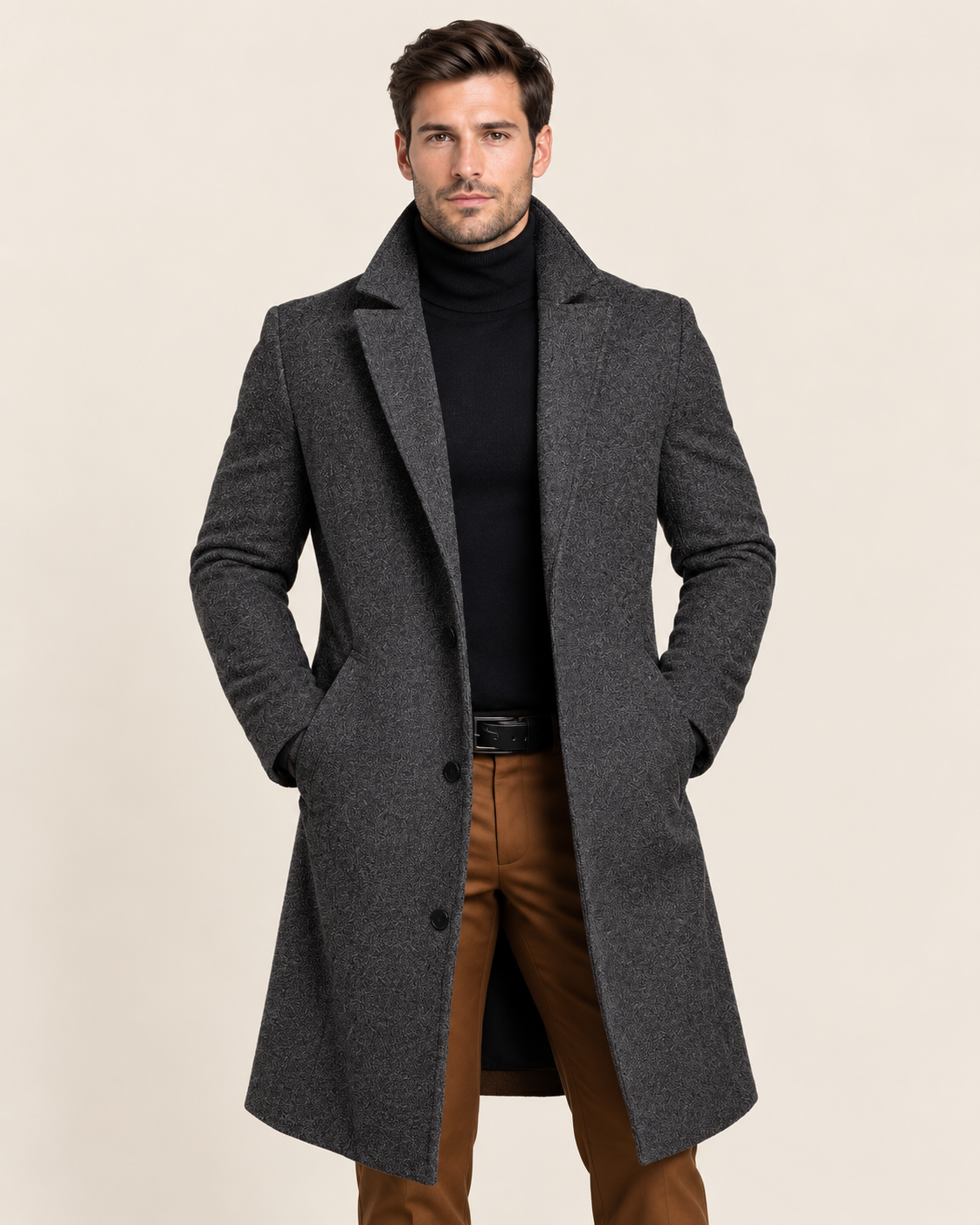 Men's Single-Breasted Wool Blend Overcoat in Dark Grey