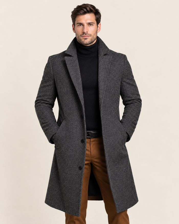 Men's Single-Breasted Wool Blend Overcoat in Dark Grey