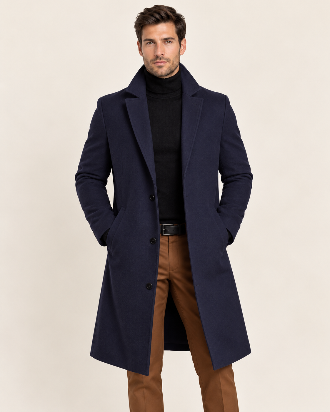 Men's Single-Breasted Wool Blend Overcoat in Navy Blue