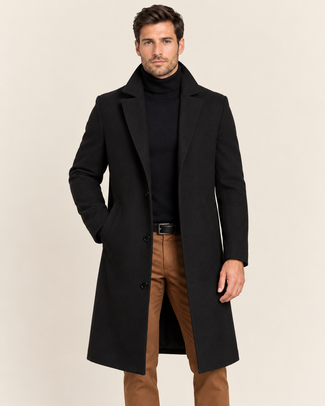 Men's Single-Breasted Wool Blend Overcoat in Black