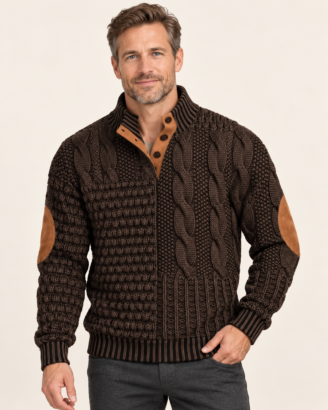 Men's Patchwork Cable Jumper With Elbow Patches in Brown