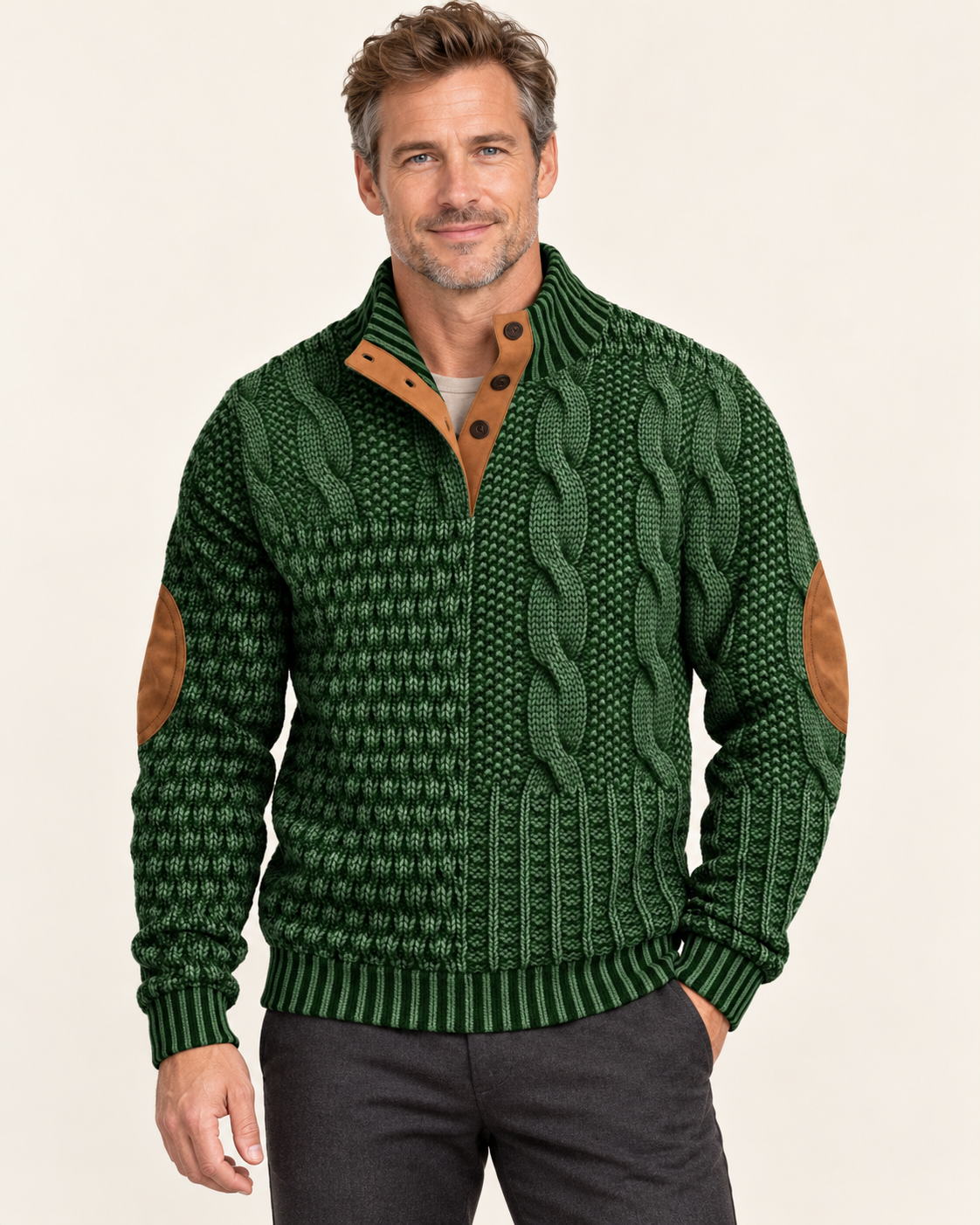 Men's Patchwork Cable Jumper With Elbow Patches in Green