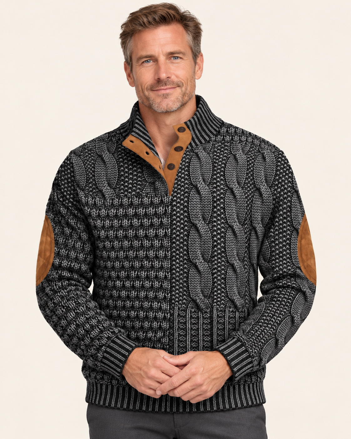 Men's Patchwork Cable Jumper With Elbow Patches in Dark Grey