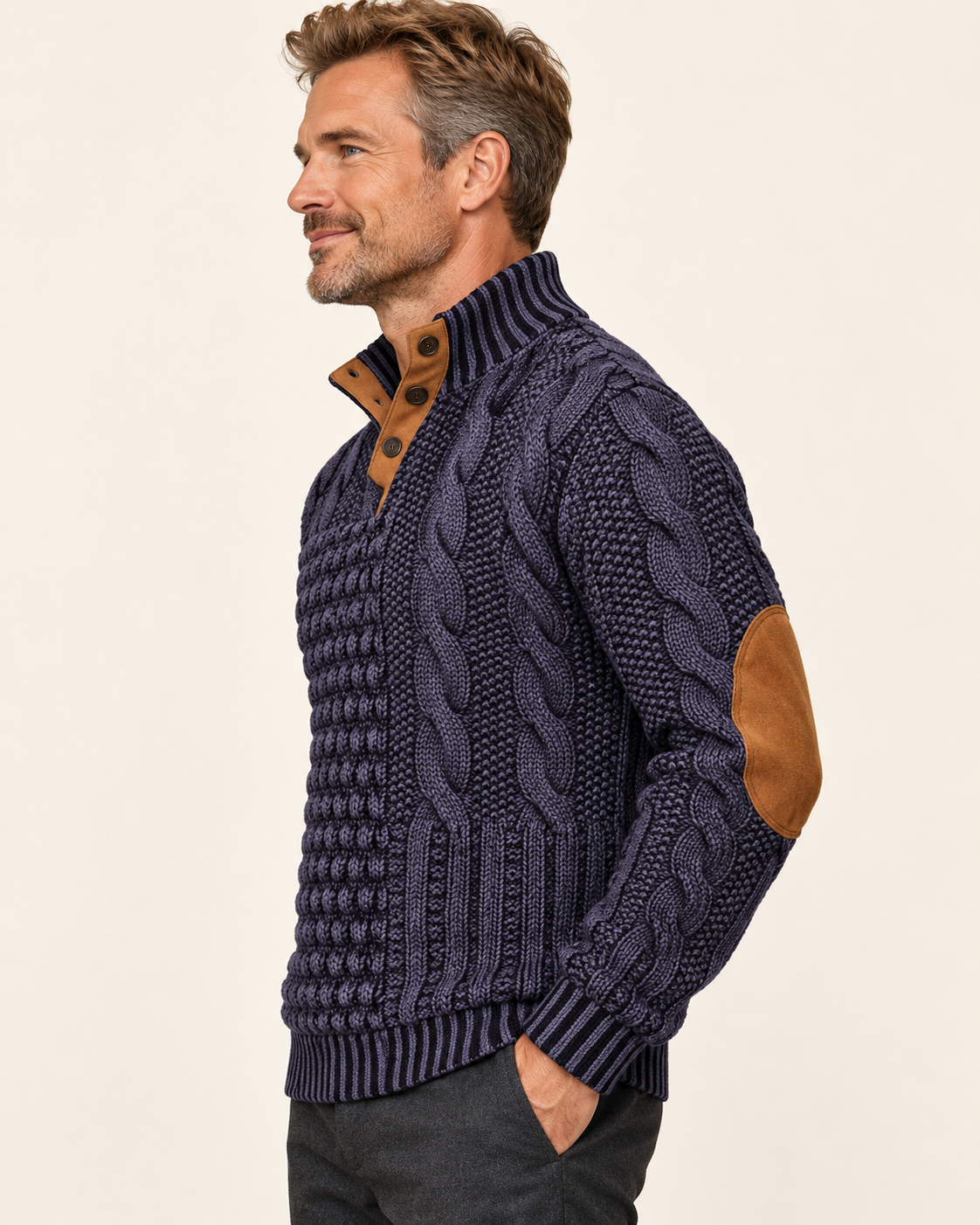 Men's Patchwork Cable Jumper With Elbow Patches in Dark Purple, view 2