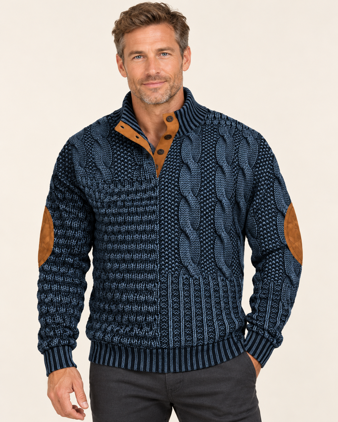 Men's Patchwork Cable Jumper With Elbow Patches in Slate Blue
