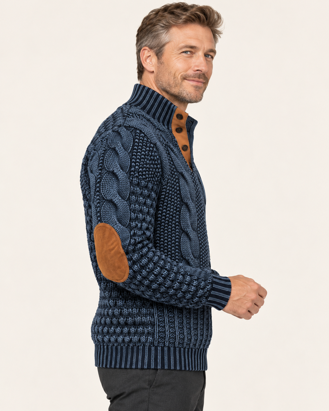 Men's Patchwork Cable Jumper With Elbow Patches in Slate Blue, view 2