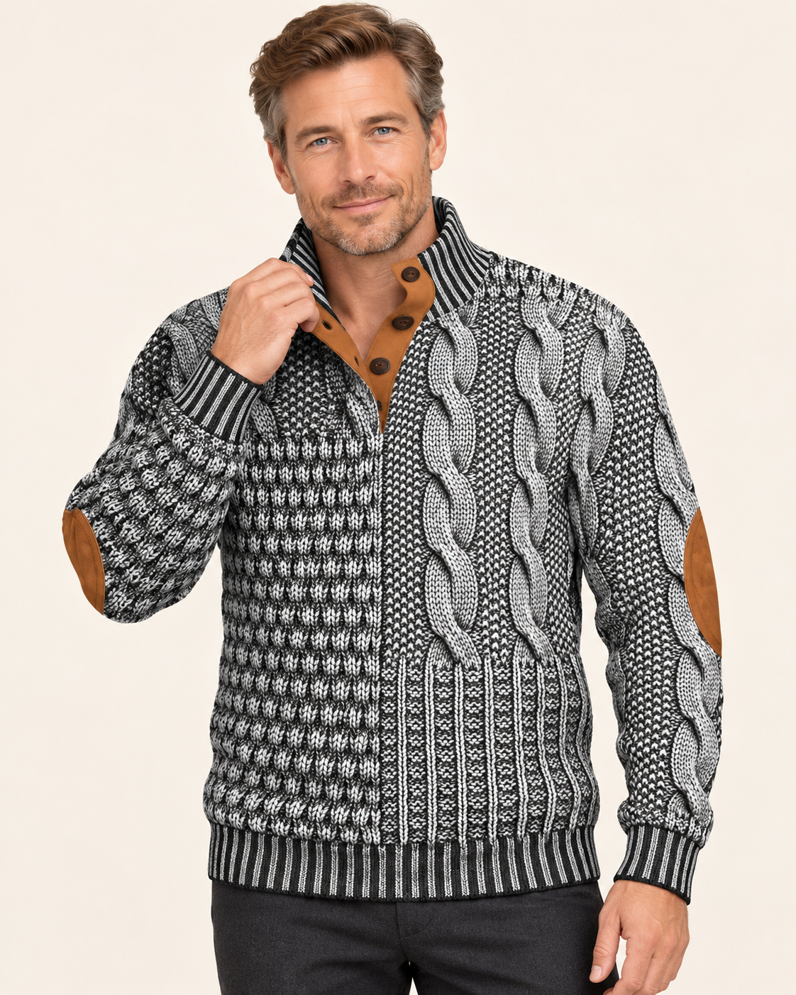 Men's Patchwork Cable Jumper With Elbow Patches in Light Grey