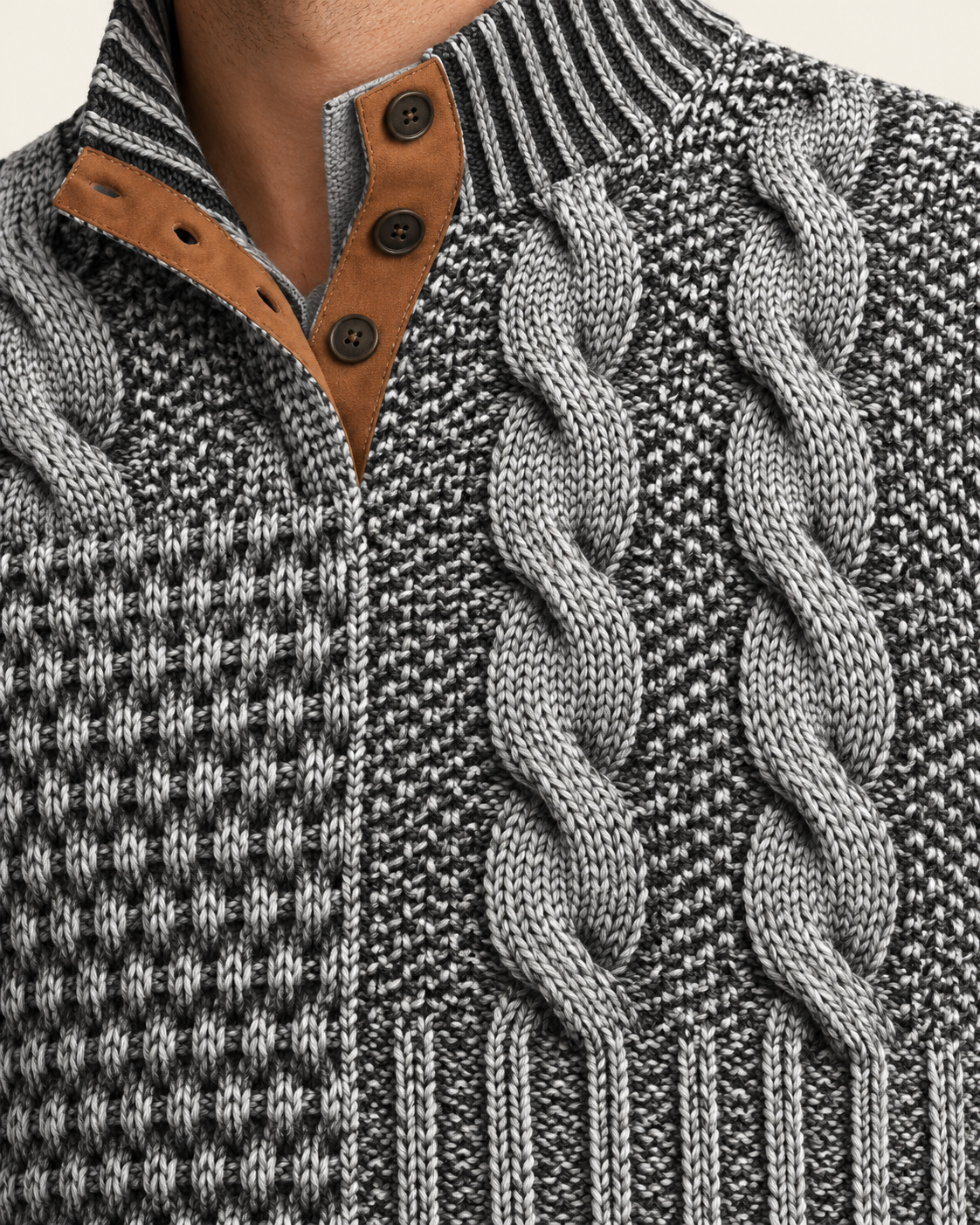 Men's Patchwork Cable Jumper With Elbow Patches in Light Grey, view 3