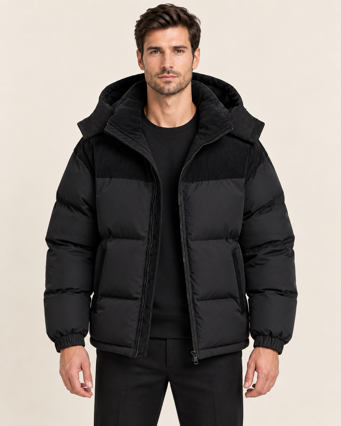 Men's Oversized Hooded Puffer Jacket with Corduroy Collar in Black