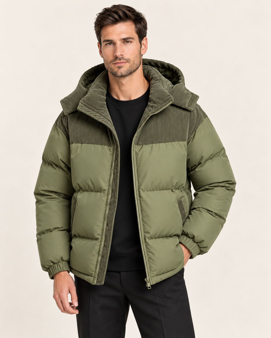 Men's Oversized Hooded Puffer Jacket with Corduroy Collar in Dark Green