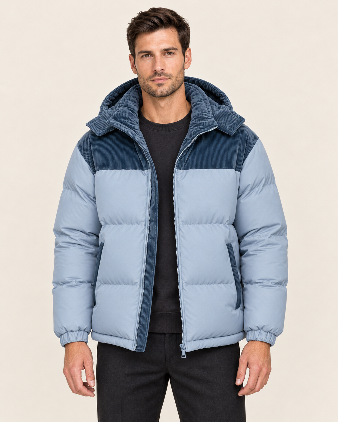 Men's Oversized Hooded Puffer Jacket with Corduroy Collar in Sky Blue