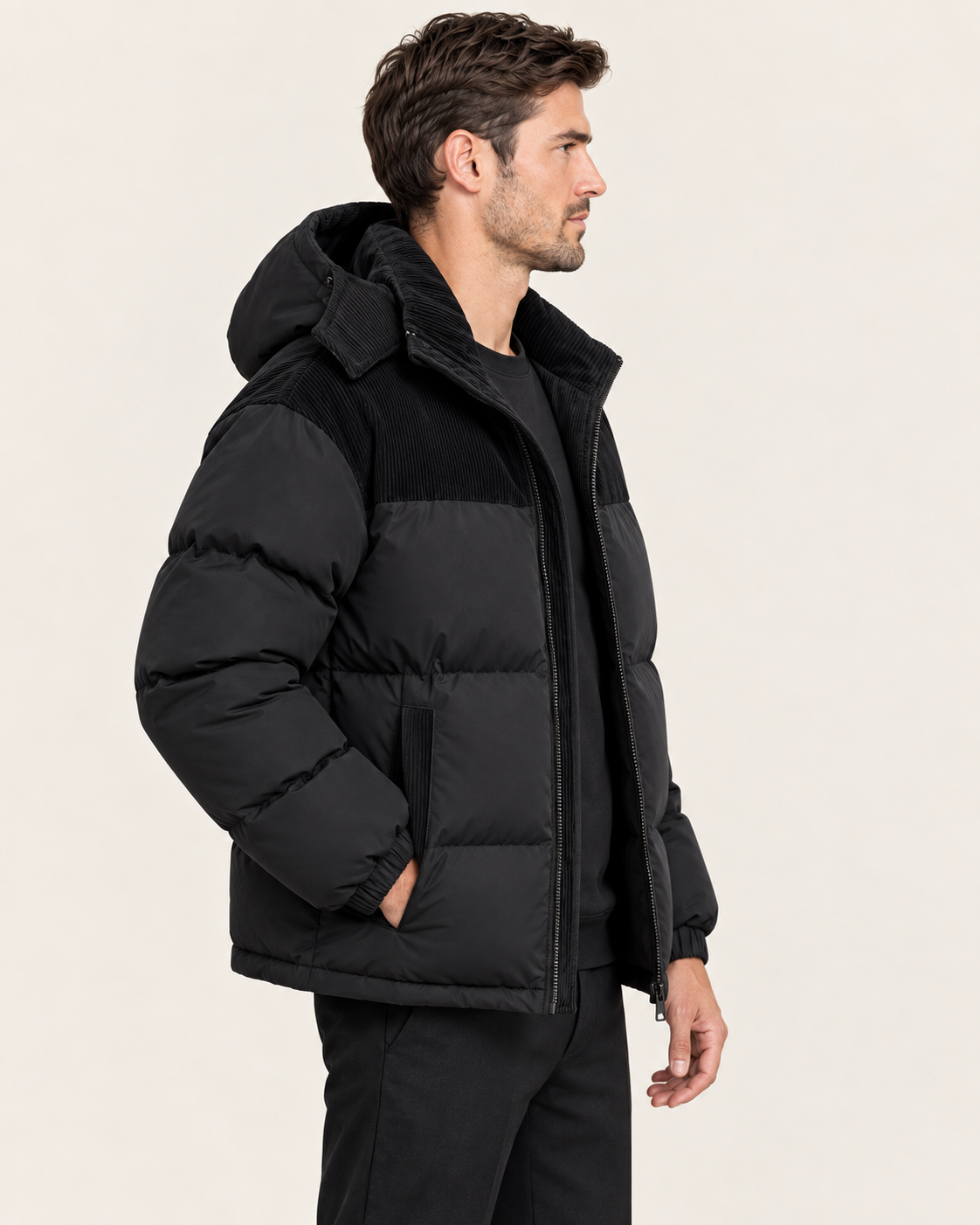 Men's Oversized Hooded Puffer Jacket with Corduroy Collar