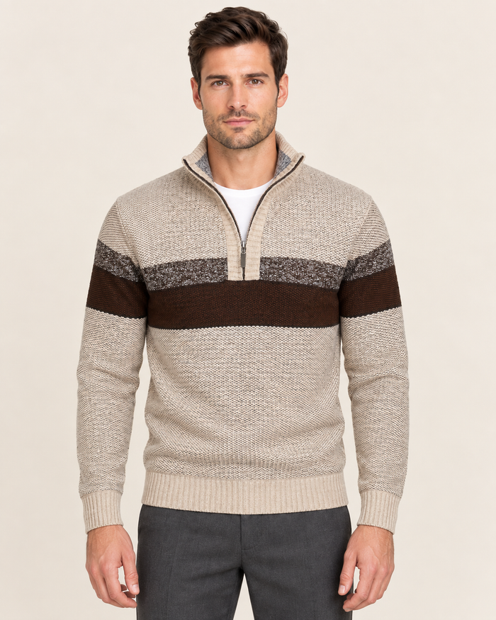Men's Colour Block Quarter Zip Jumper with Warm Lining in Off-white