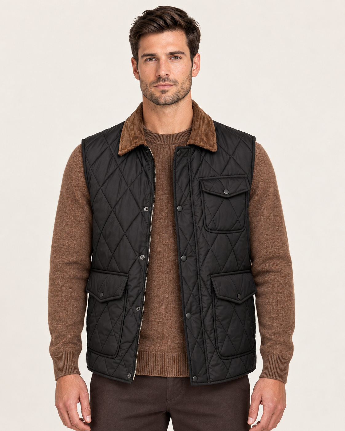 Men's Diamond Quilted Gilet with Corduroy Collar in Black