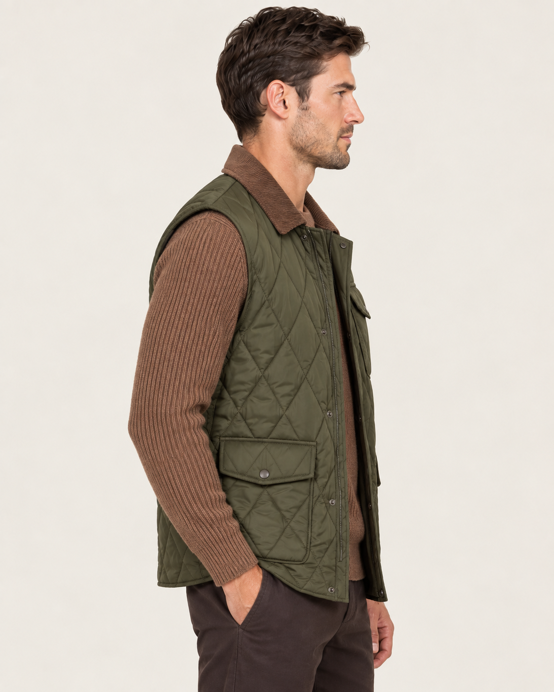 Men's Diamond Quilted Gilet with Corduroy Collar in Olive Green, side view