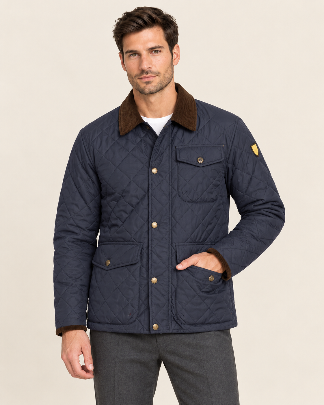Men's Quilted Jacket with Corduroy Style Collar in Navy
