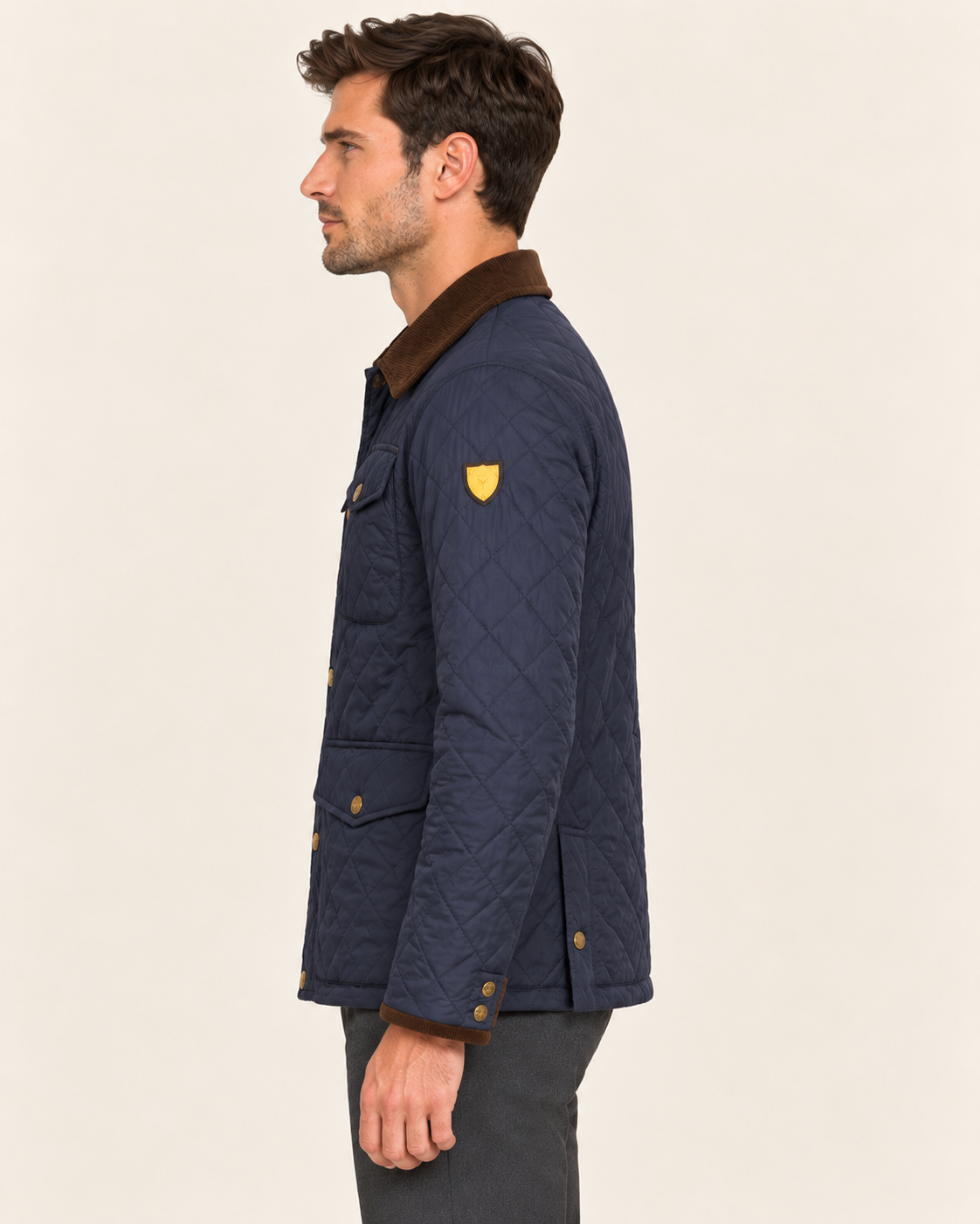 Men's Quilted Jacket with Corduroy Style Collar in Navy, side view