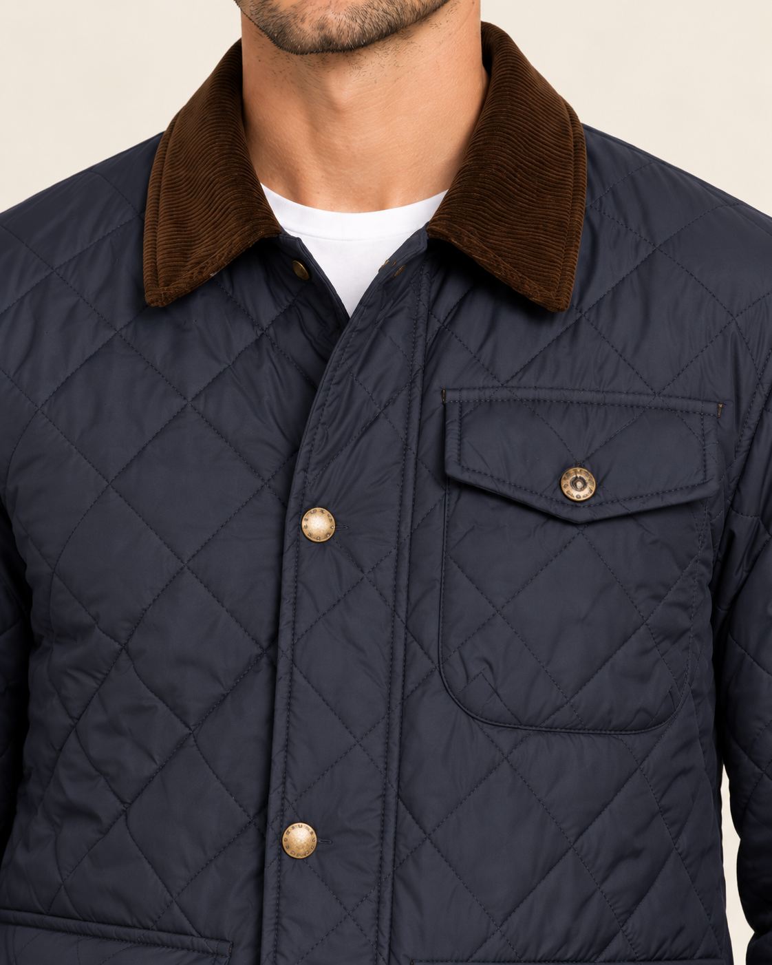 Men's Quilted Jacket with Corduroy Style Collar in Navy, collar and pocket detail