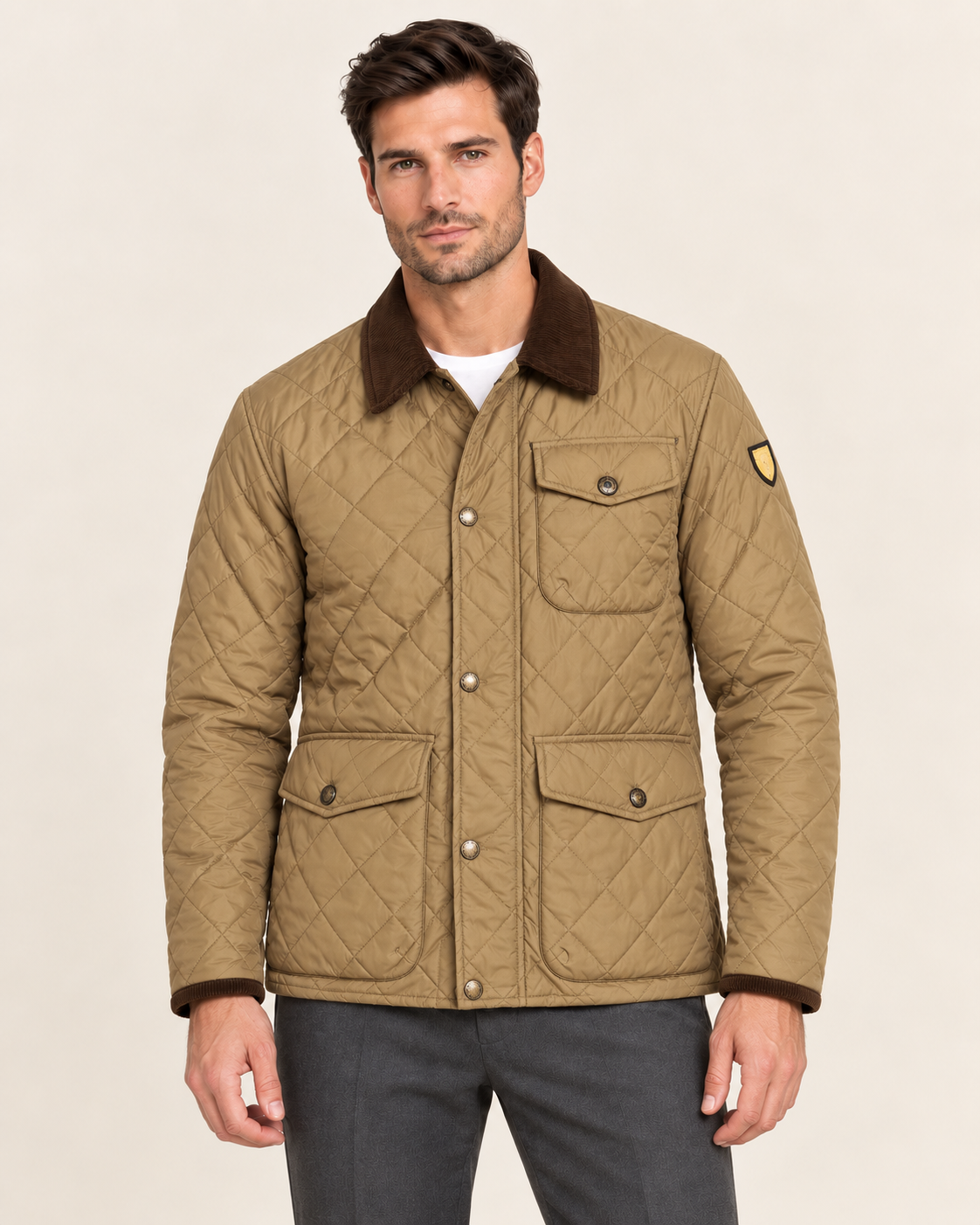 Men's Quilted Jacket with Corduroy Style Collar in Khaki