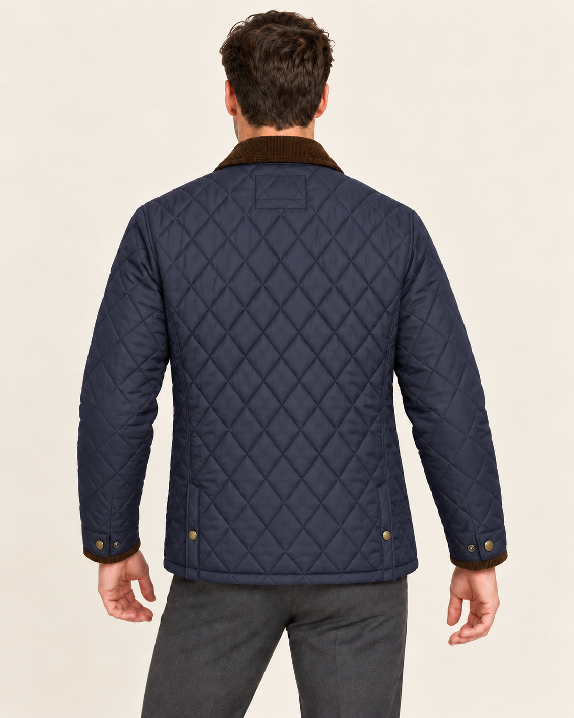 Men's Quilted Jacket with Corduroy Style Collar in Navy, back view