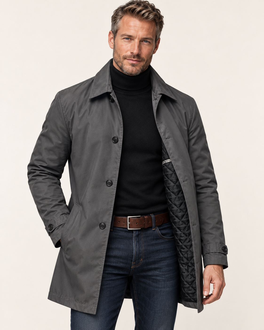 Men's Waterproof Quilted Lined Mac Coat in Grey