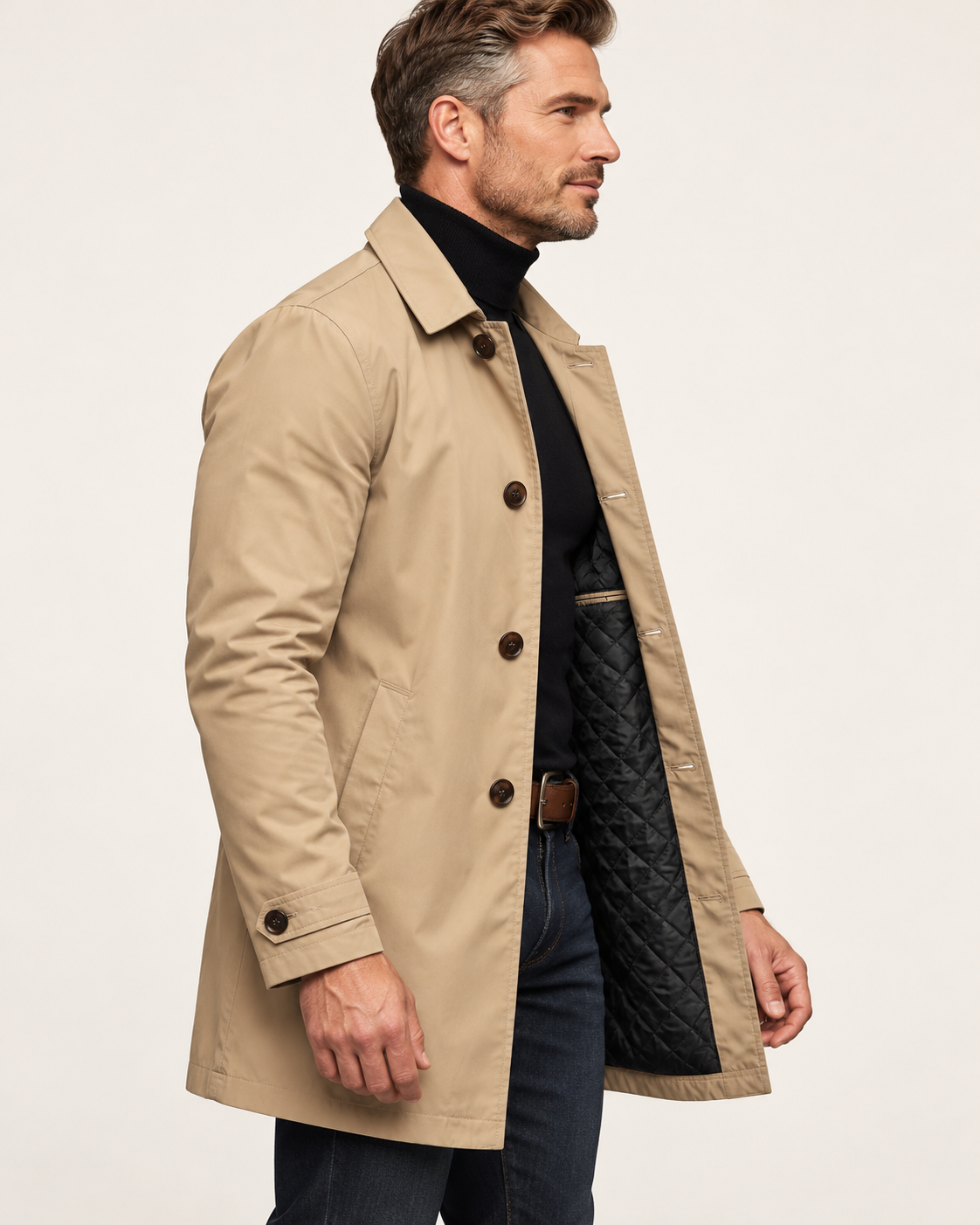 Men's Waterproof Quilted Lined Mac Coat in Beige, side view