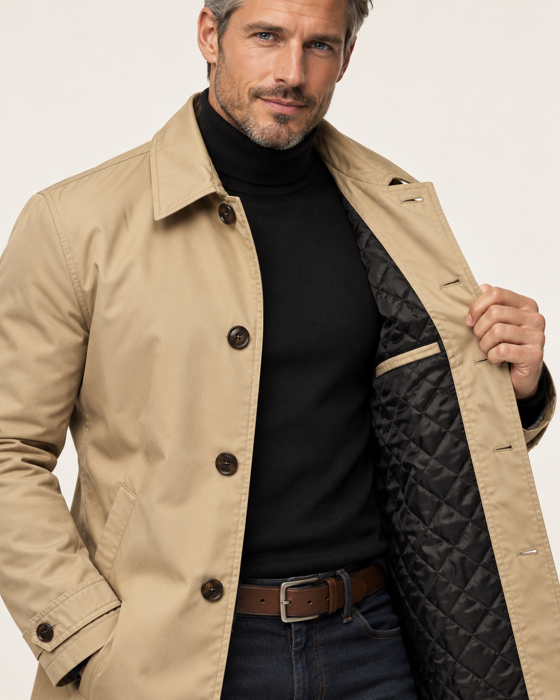Men's Waterproof Quilted Lined Mac Coat in Beige