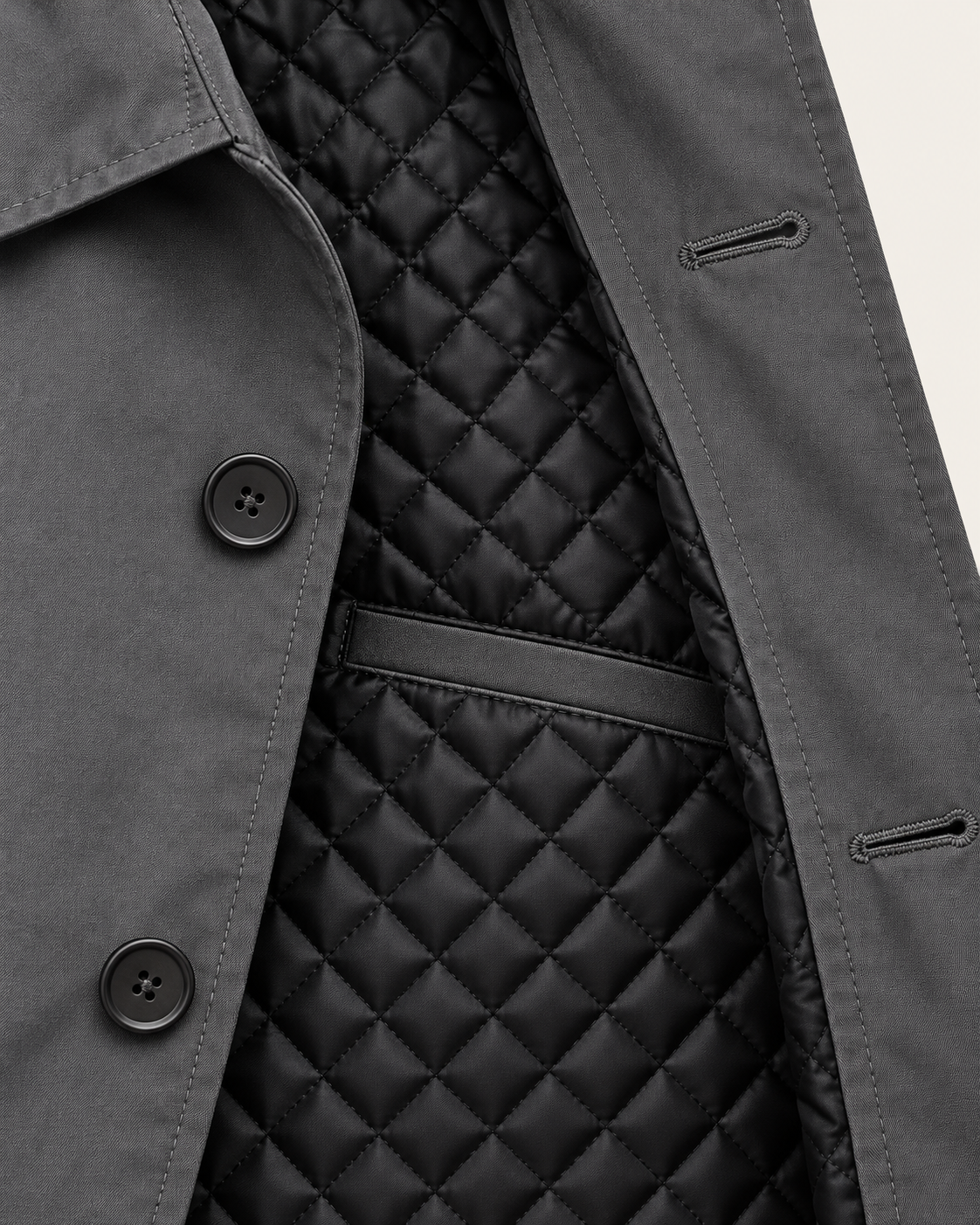 Men's Waterproof Quilted Lined Mac Coat in Grey, lining detail