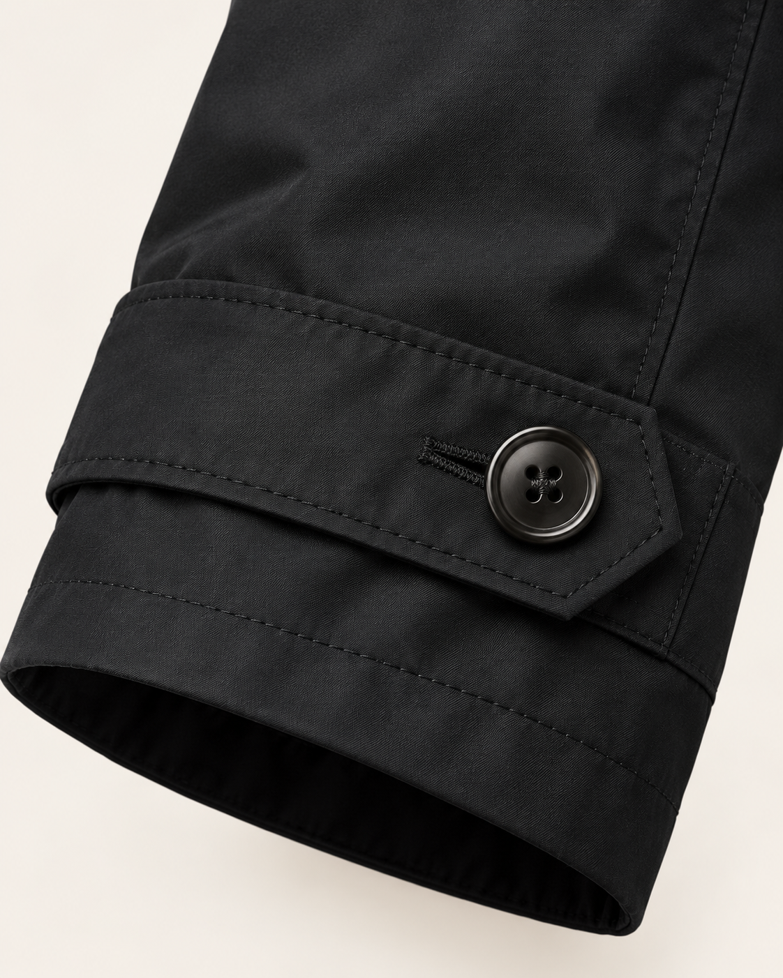 Men's Waterproof Quilted Lined Mac Coat in Black, cuff detail
