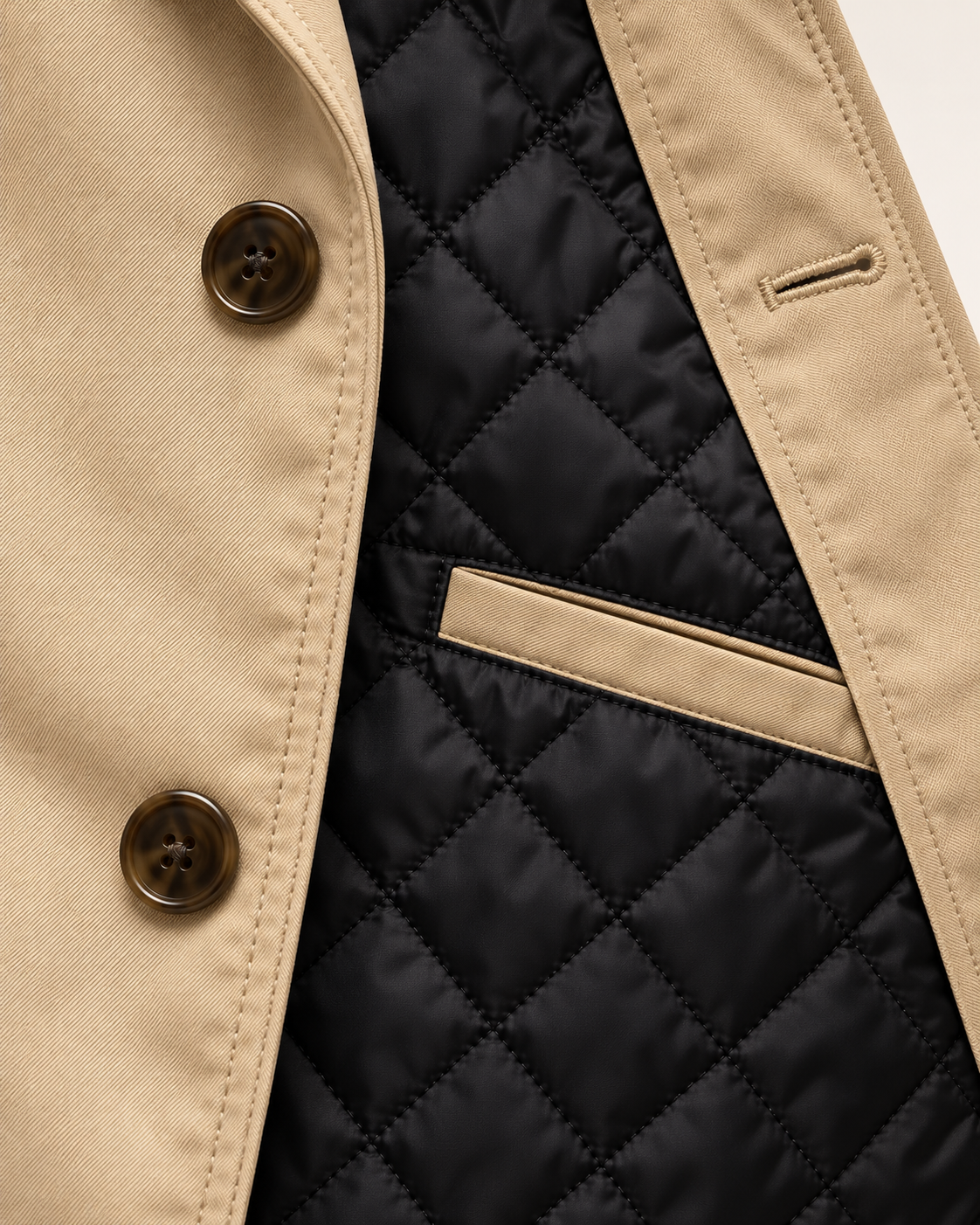 Men's Waterproof Quilted Lined Mac Coat in Beige, lining detail