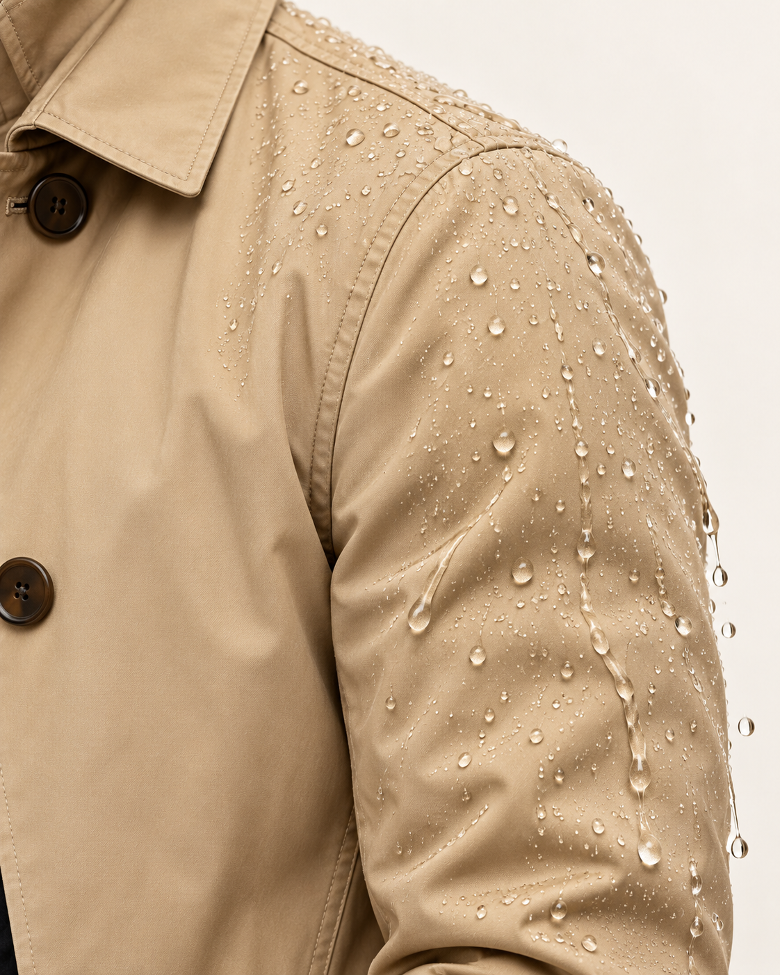 Men's Waterproof Quilted Lined Mac Coat in Beige, shoulder detail
