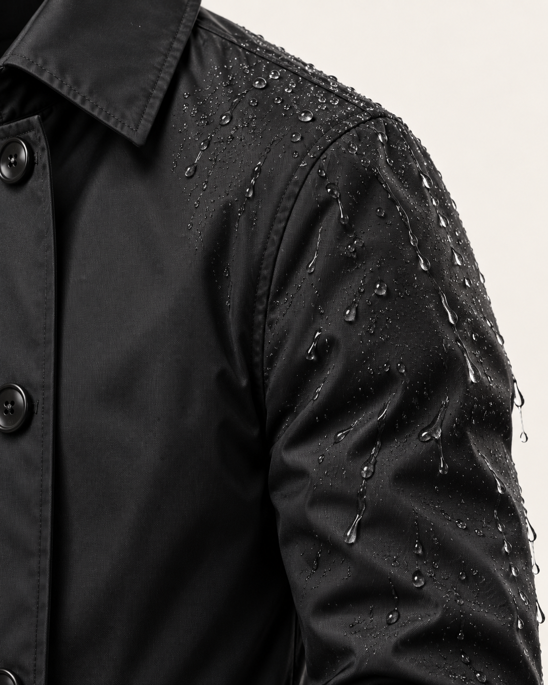 Men's Waterproof Quilted Lined Mac Coat in Black, shoulder detail