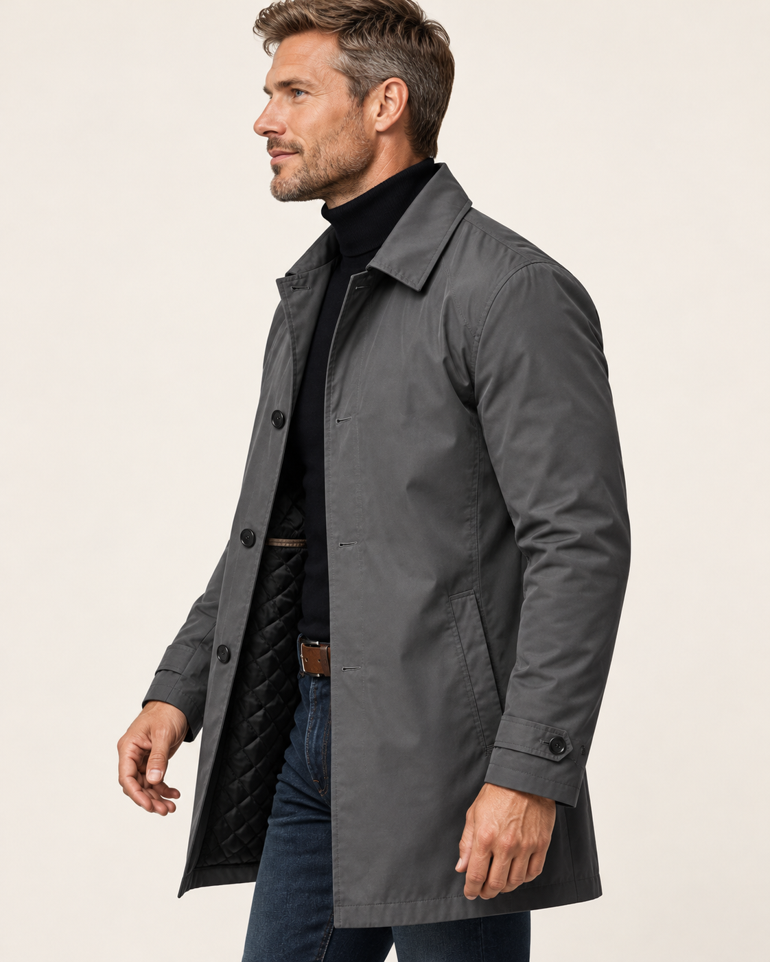 Men's Waterproof Quilted Lined Mac Coat in Grey, side view