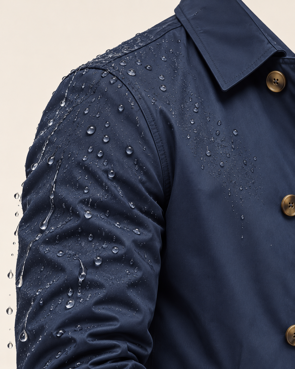 Men's Waterproof Quilted Lined Mac Coat in Navy, shoulder detail