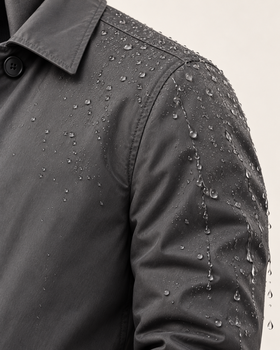 Men's Waterproof Quilted Lined Mac Coat in Grey, shoulder detail