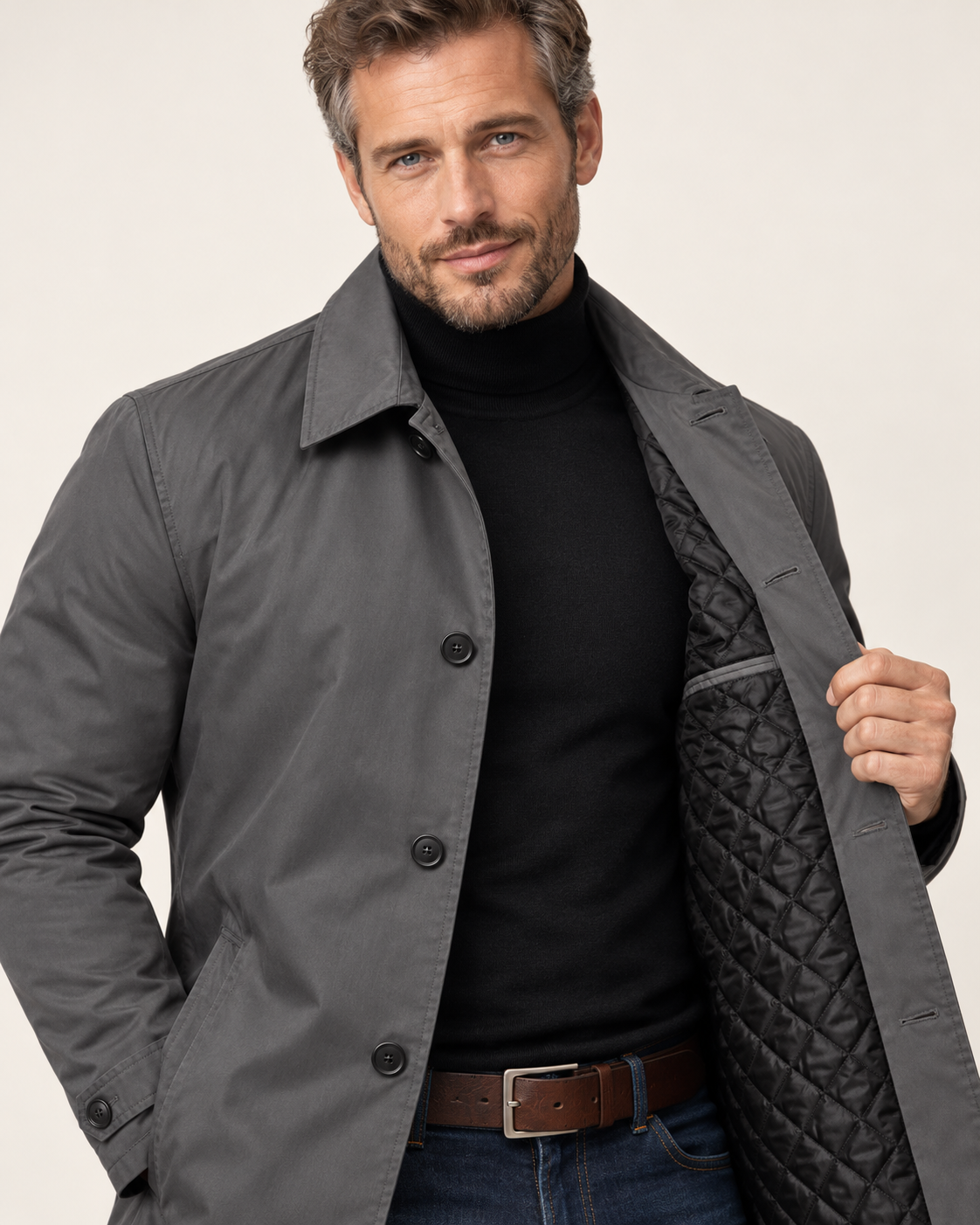 Men's Waterproof Quilted Lined Mac Coat in Grey, close up