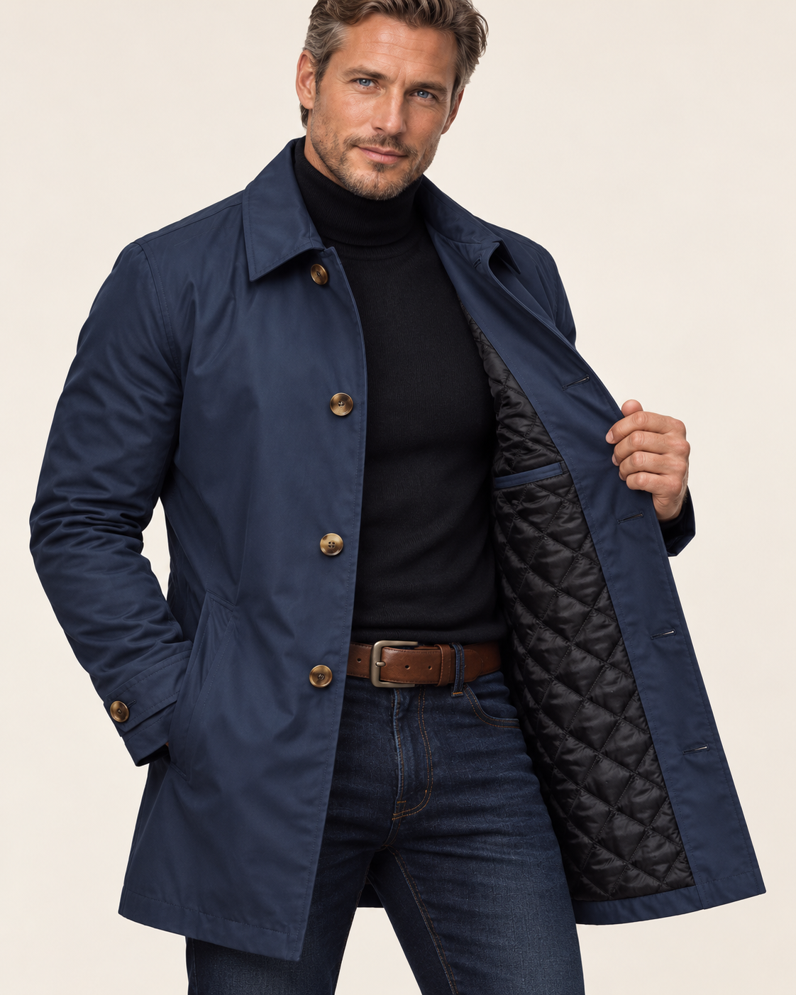 Men's Waterproof Quilted Lined Mac Coat in Navy