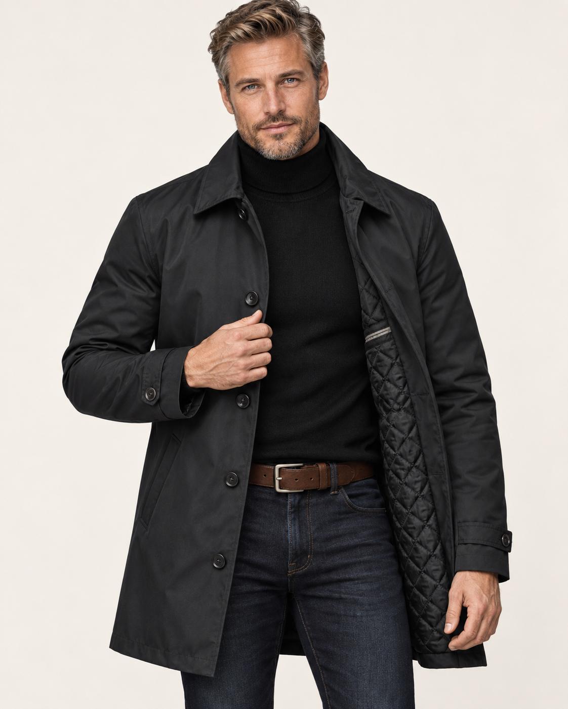 Men's Waterproof Quilted Lined Mac Coat in Black