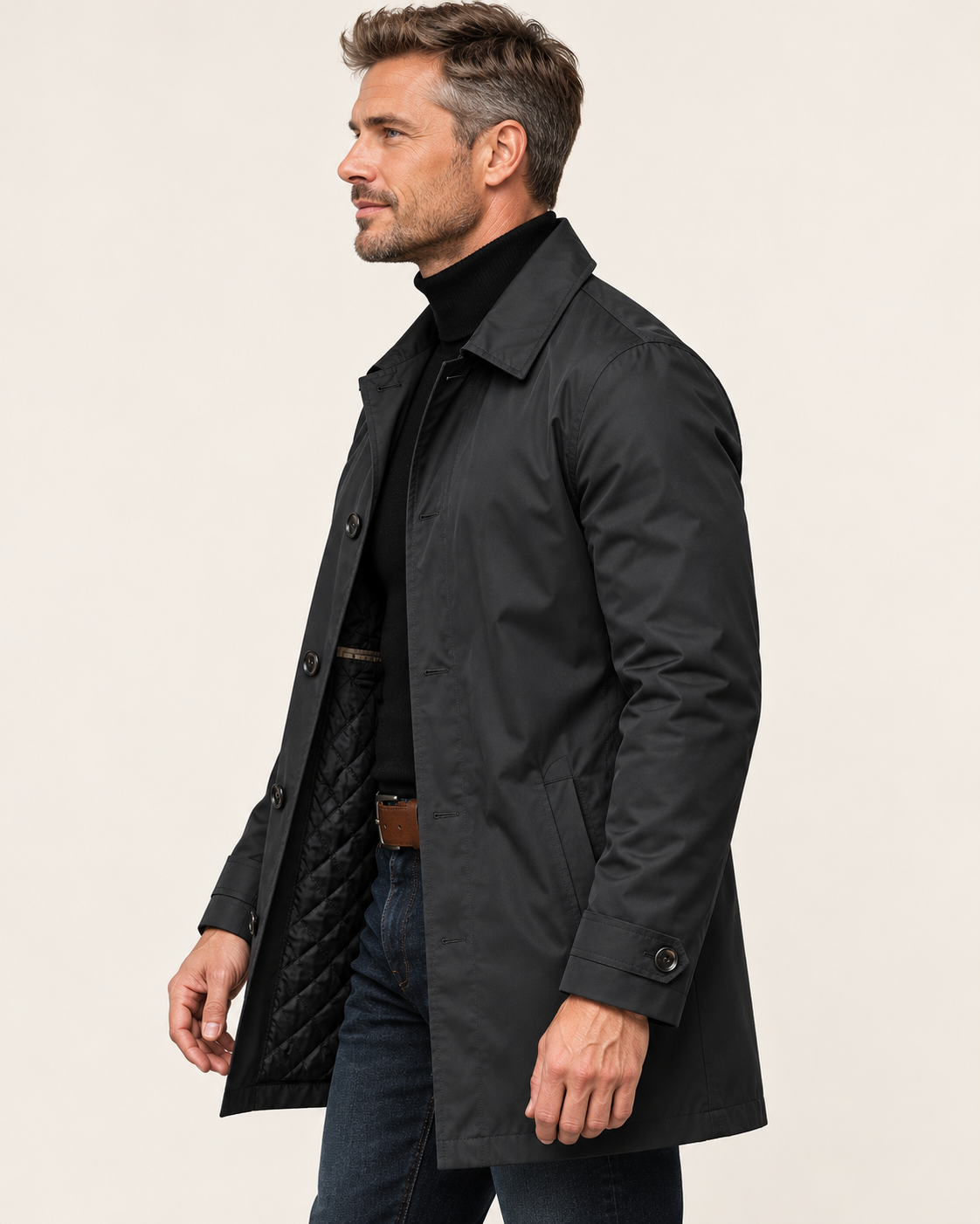 Men's Waterproof Quilted Lined Mac Coat in Black, side view