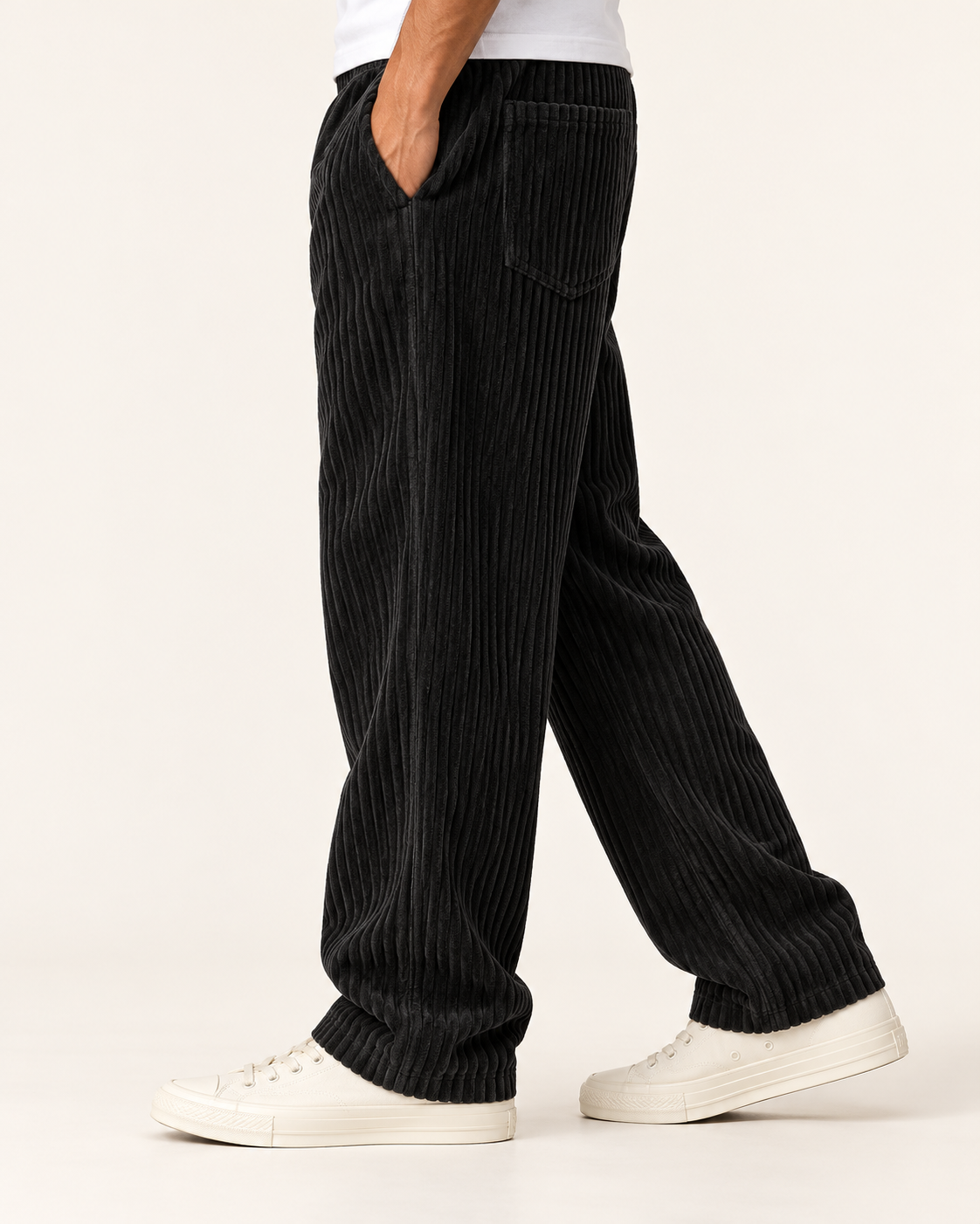 Men's Relaxed Jumbo Cord Trousers in Black, view 3