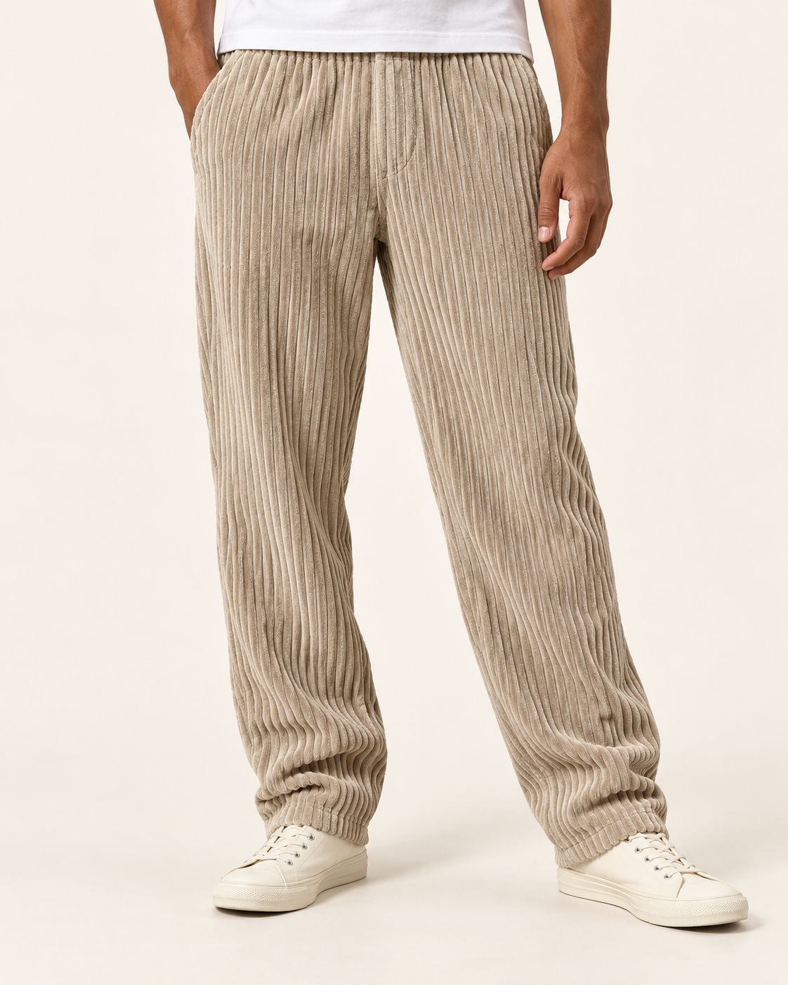 Men's Relaxed Jumbo Cord Trousers in Stone