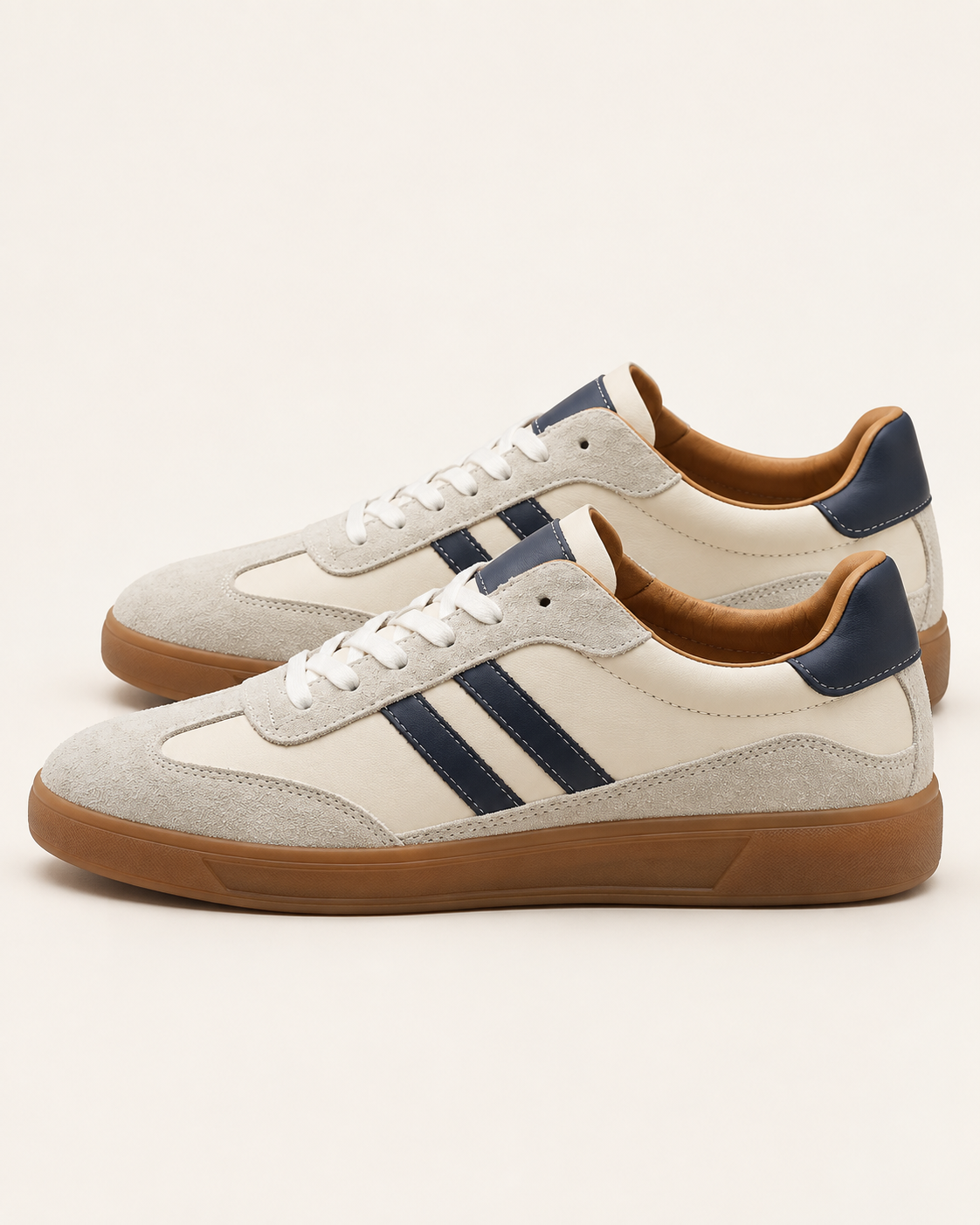 Men's Retro Leather and Suede Court Trainers with Gum Sole in Cream, side view