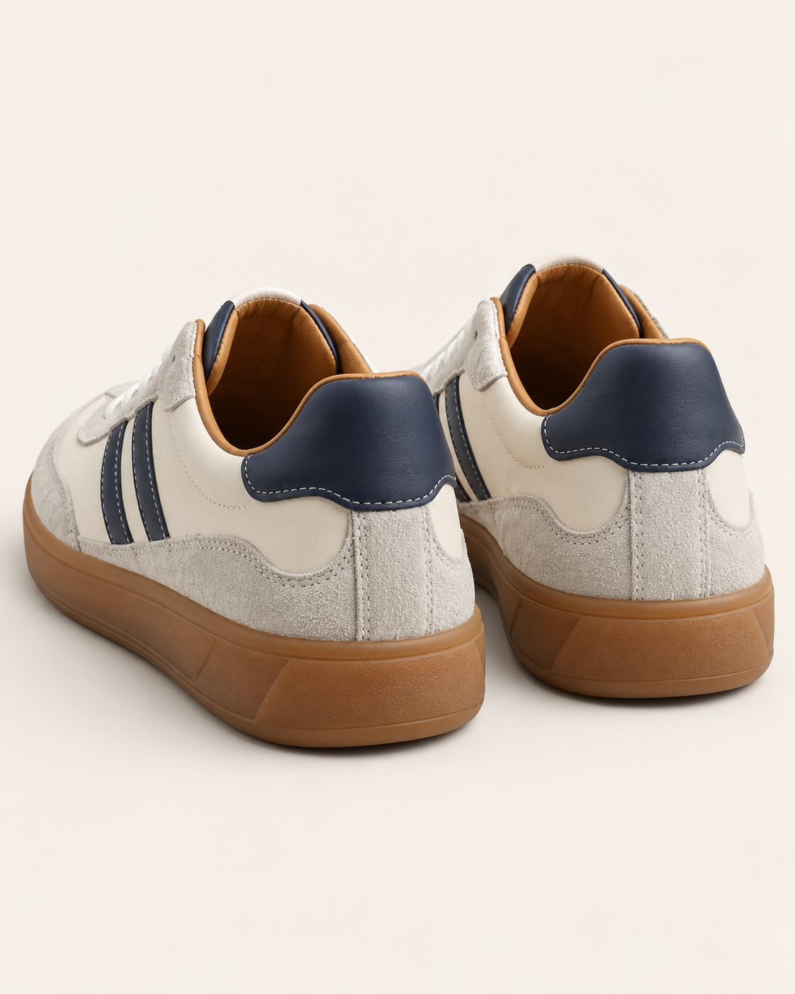 Men's Retro Leather and Suede Court Trainers with Gum Sole in Cream, back view