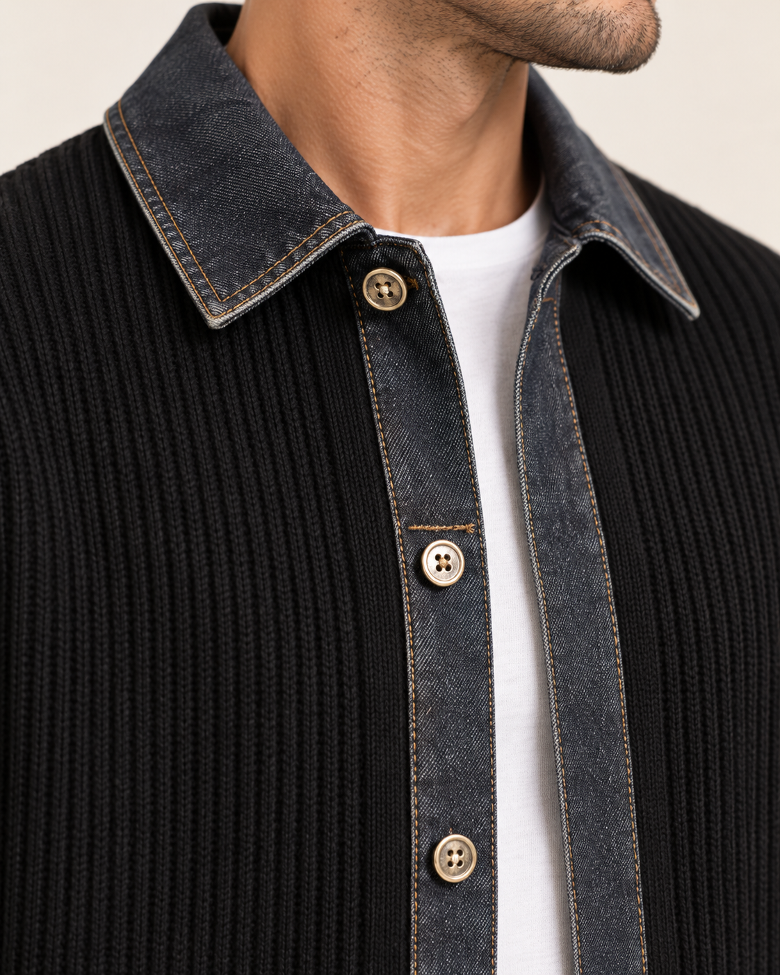 Men's Ribbed Knit Button Cardigan with Denim Trim in Black, collar and button detail