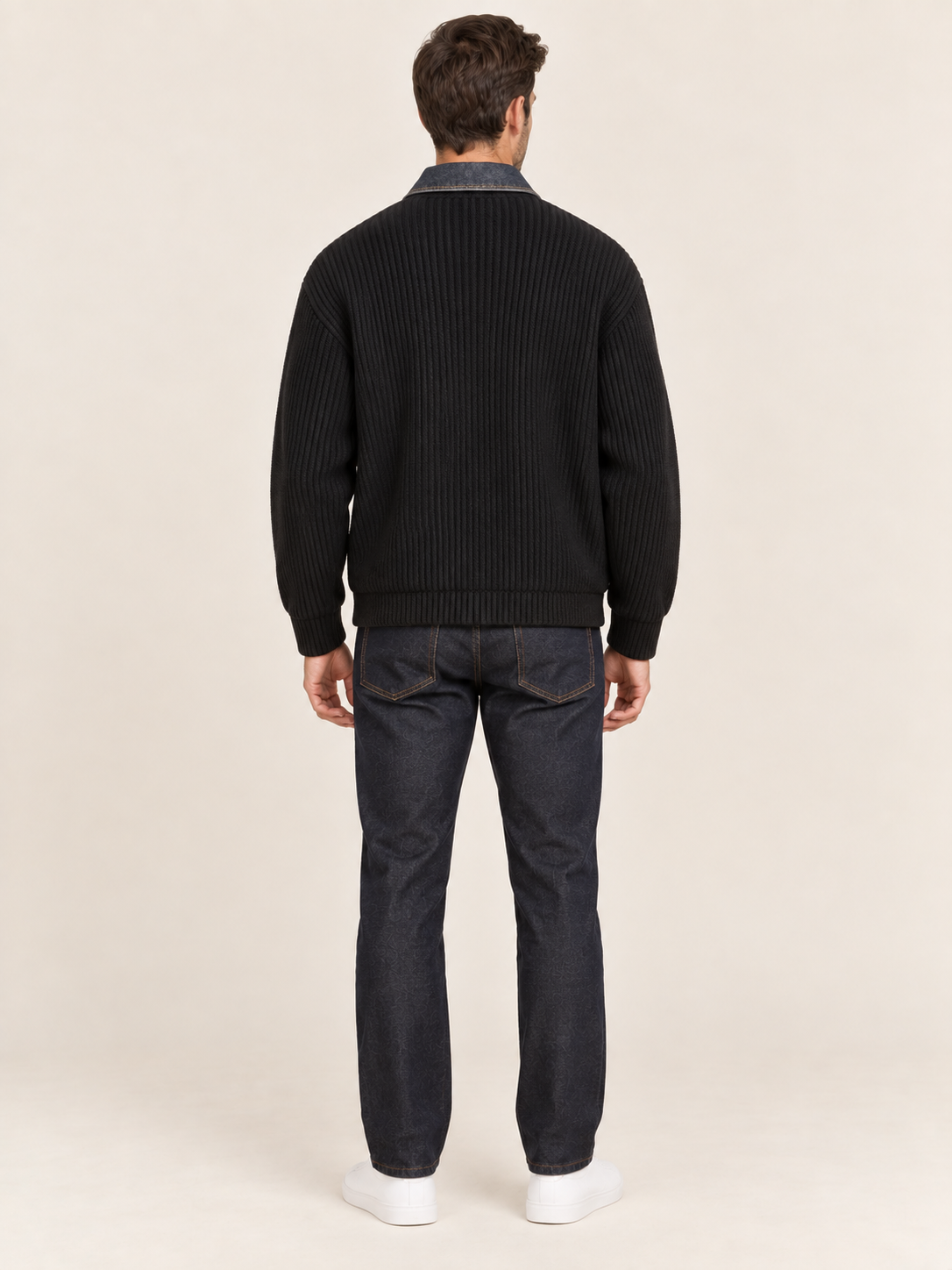 Men's Ribbed Knit Button Cardigan with Denim Trim in Black, back view
