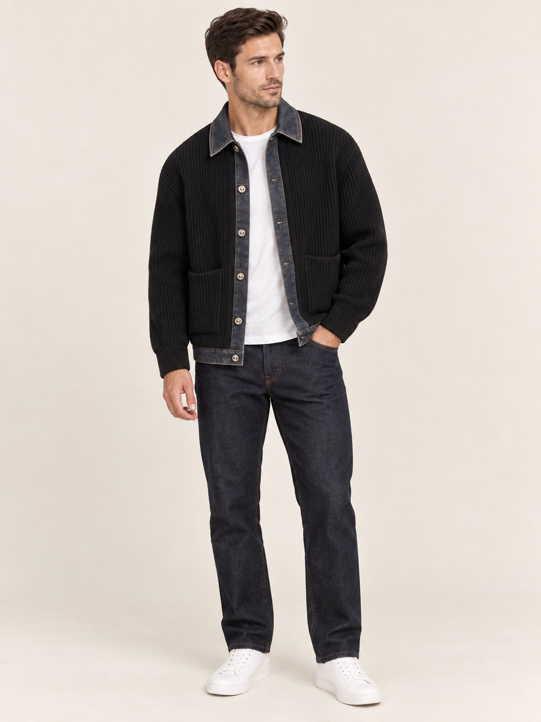 Men's Ribbed Knit Button Cardigan with Denim Trim in Black